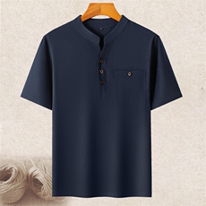 长年现货男士高品质风唐装中老年亚麻V领短袖中年棉麻T恤，男装T恤，钱塘723