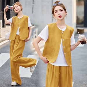 2025夏季新款纯色马甲玫红色三件套阔腿长裤T恤女装高档透气麻料图片
