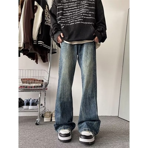 牛仔裤男春季美式复古水洗做旧裤子青少年宽松直筒毛边休闲长裤图片