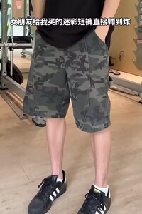 美式迷彩工装牛仔短裤男夏季拼接痞帅宽松直筒休闲运动五分短裤男图片
