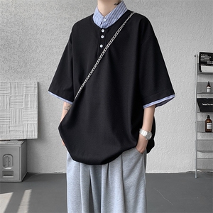 8XL-M假两件衬衫领短袖T恤大码夏季条纹拼接polo衫半袖DX1211/P45图片