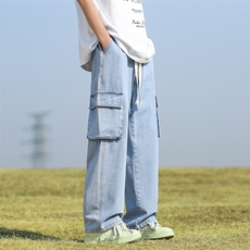美式工装牛仔裤男2024春季大口袋高街阔腿裤子潮-BK801-P48黄泥色，男装牛仔裤，星座307-3(原516-1)
