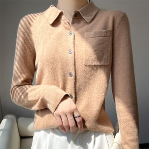 春冬季新款山羊绒POLO领开衫女系扣休闲纯色外套针织衫图片