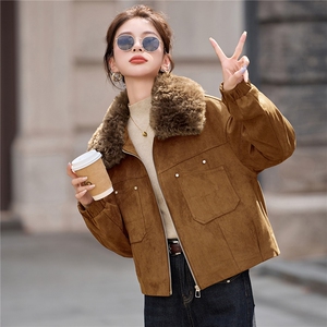 复古咖色麂皮绒加绒外套女2025秋冬小个子超好看加厚保暖棉服上衣图片
