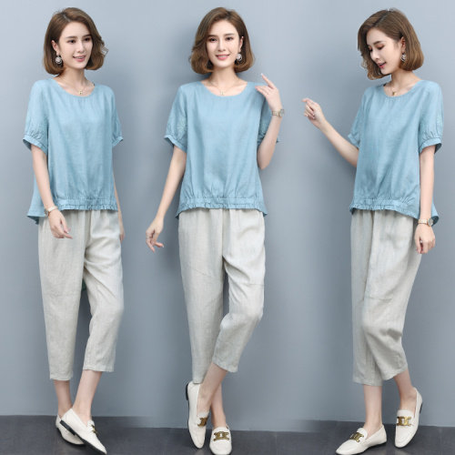 优雅复古文艺两件套女夏季新款宽松显瘦短袖上衣+高腰休闲裤套装，女装套装/套裙，依恋蒂丝