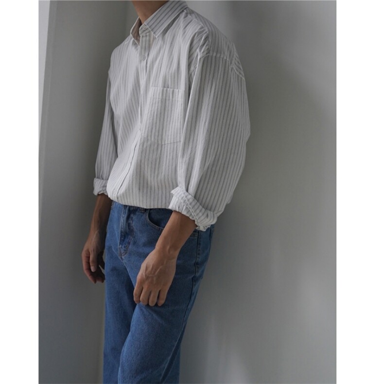 条纹休闲衬衫男秋季宽松长袖衬衣韩版潮流翻领上衣XZ710-803P50，男装衬衫，星座710