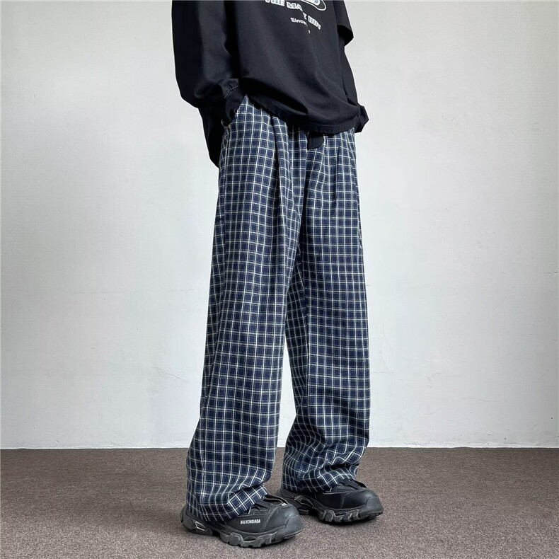 美式复古慵懒宽松撞色格子休闲裤男2024秋季百搭阔腿长裤Q127/P48,男装休闲裤,星座506