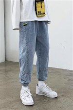 韩版贴布潮流松紧腰宽松哈伦束脚牛仔裤INS男休闲运动裤Q68，男装牛仔裤，星座302B