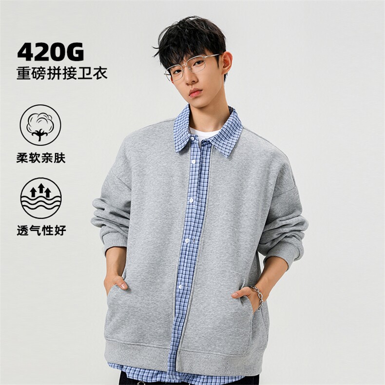 2026春季新款高克重华棉420g男宽松百搭假两件格子外套W5436特P48,女装短外套,电商A001
