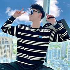 AW07/P78控108秋季社会小伙新款百搭条纹刺绣圆领长袖卫衣男黑首，男装卫衣，星座305B-1