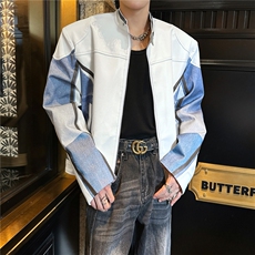 立领垫肩牛仔拼接机车PU皮衣夹克男2025春秋新款小众宽松痞，男装皮衣，星座505-2（原电商A260-1)