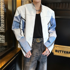 立领垫肩牛仔拼接机车PU皮衣夹克男2025春秋新款小众宽松痞图片