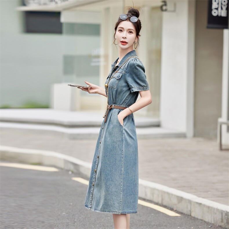 高级感薄款牛仔连衣裙女夏季2025新款收腰气质复古休闲短袖衬衫裙,女装连衣裙,瑶迪依秀