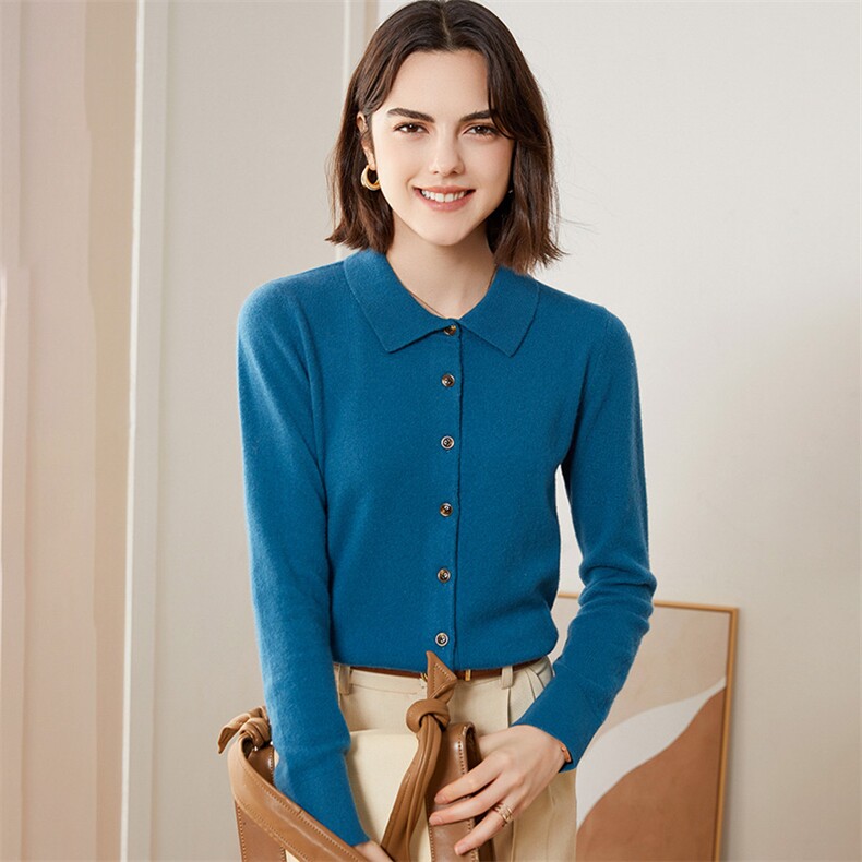 秋冬季羊绒中分扣小翻领简约复古羊绒衫，女装羊绒衫，恒爱羊绒