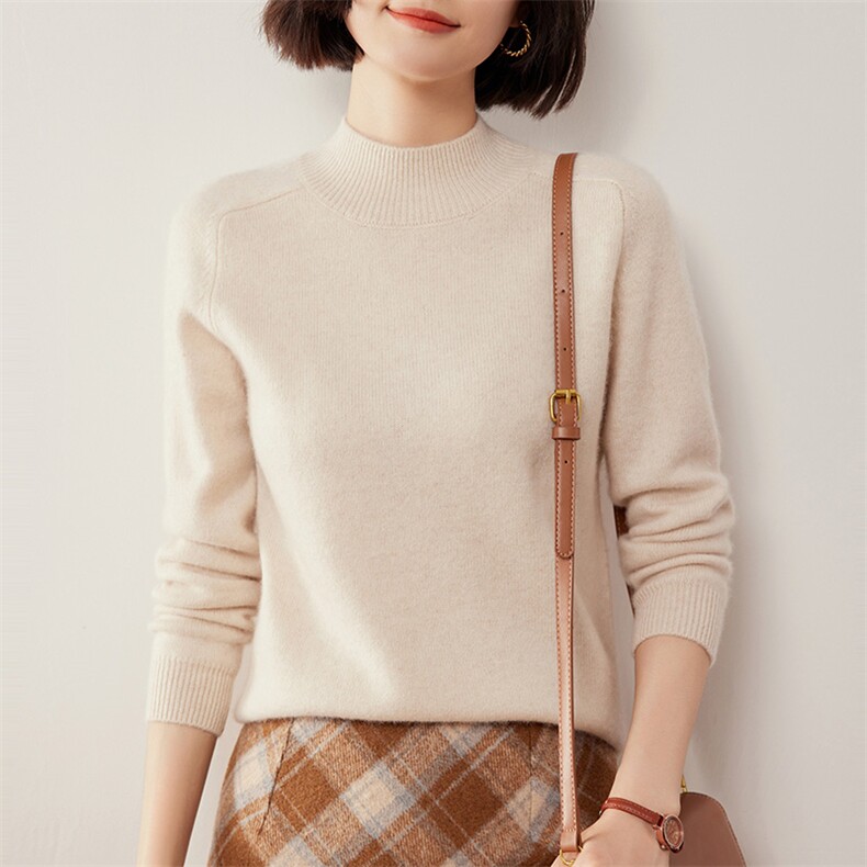 半高领35%羊绒衫女秋冬新款韩版宽松长袖堆堆领打底针织衫慵懒风，女装羊绒衫，缇曼羊绒