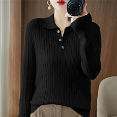 2025年秋季新款百搭女士小麻花带扣polo领长袖针织衫，女装针织衫/毛衣，品高羊绒