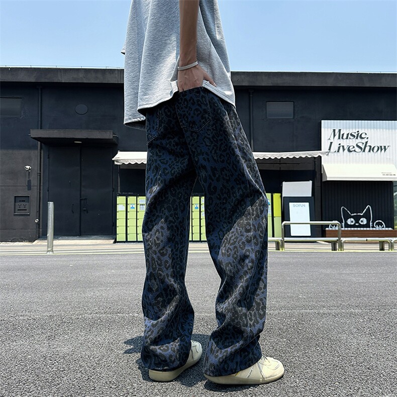 复古嘻哈豹纹牛仔裤情侣高街拖地裤阔腿裤XZ310B-3-NZ29-P43,男装牛仔裤,星座310B-3