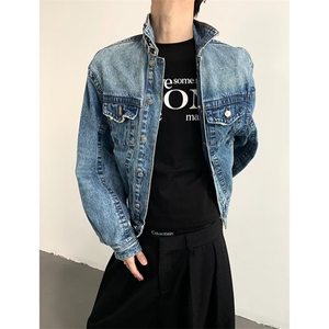 春季新款水洗短款牛仔外套男宽松圆领长袖休闲夹克上衣 JF4007图片