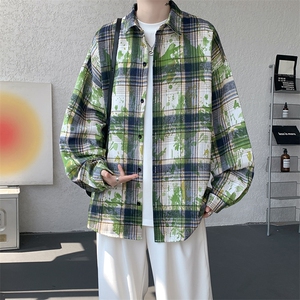 衬衫男秋冬新款港风宽松扎染格子长袖衬衣CS300-特P28图片