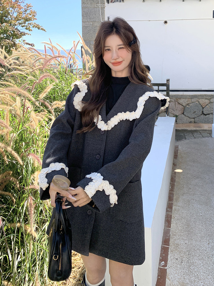 2025春季新款蕾丝气质海军领灰色小西装外套女中长款宽松休闲西服,女装短外套,韩蜜菓