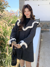 2025春季新款蕾丝气质海军领灰色小西装外套女中长款宽松休闲西服，女装短外套，韩蜜菓