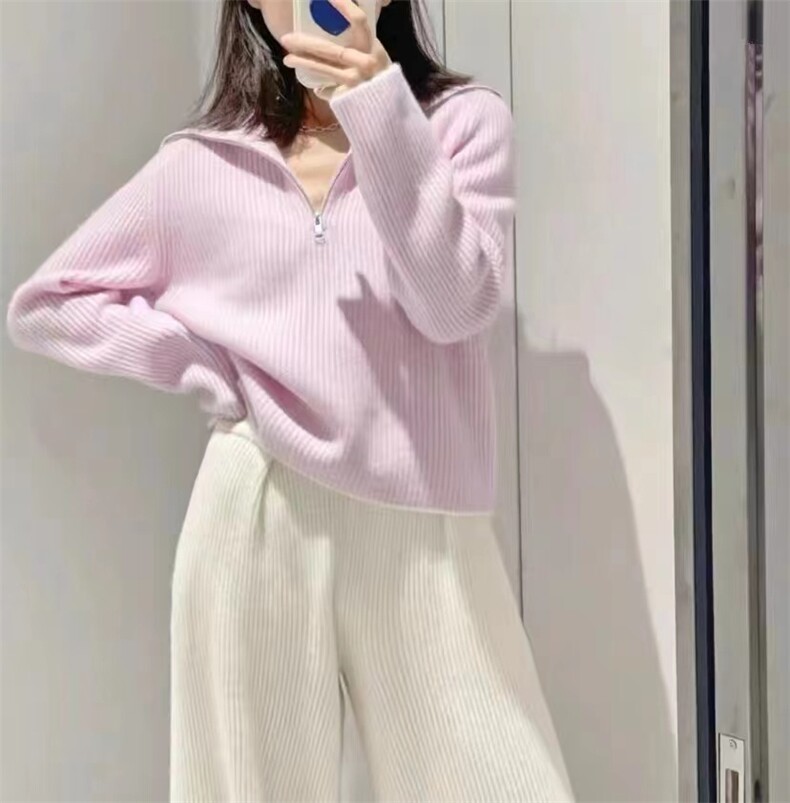 2025年秋季宽松型常规单件长袖半拉链时尚百搭通勤,女装羊毛衫,春贝羊绒
