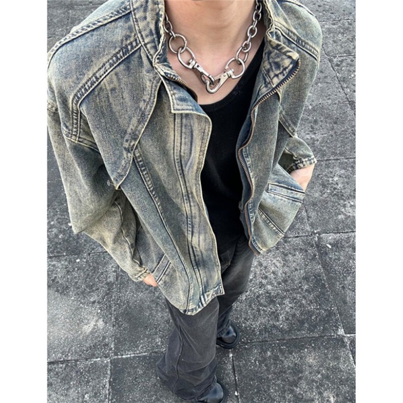 复古解构毛边水洗牛仔外套男士街头拉链立领机车夹克短款JB05,男装工装外套,星座1116A（原606A-3）