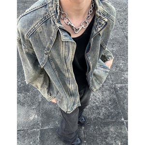 复古解构毛边水洗牛仔外套男士街头拉链立领机车夹克短款 JB05图片