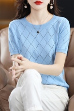 23夏季新款棉麻针织薄圆领短袖t恤女镂空半袖宽松百搭打底衫上衣，女装针织衫/毛衣，秋双羊绒