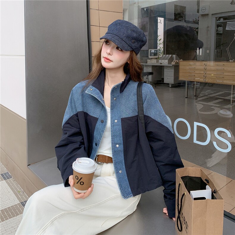 韩系撞色牛仔拼接外套女2025秋季新款小个子宽松休闲百搭夹克上衣,女装短外套,1C071-1