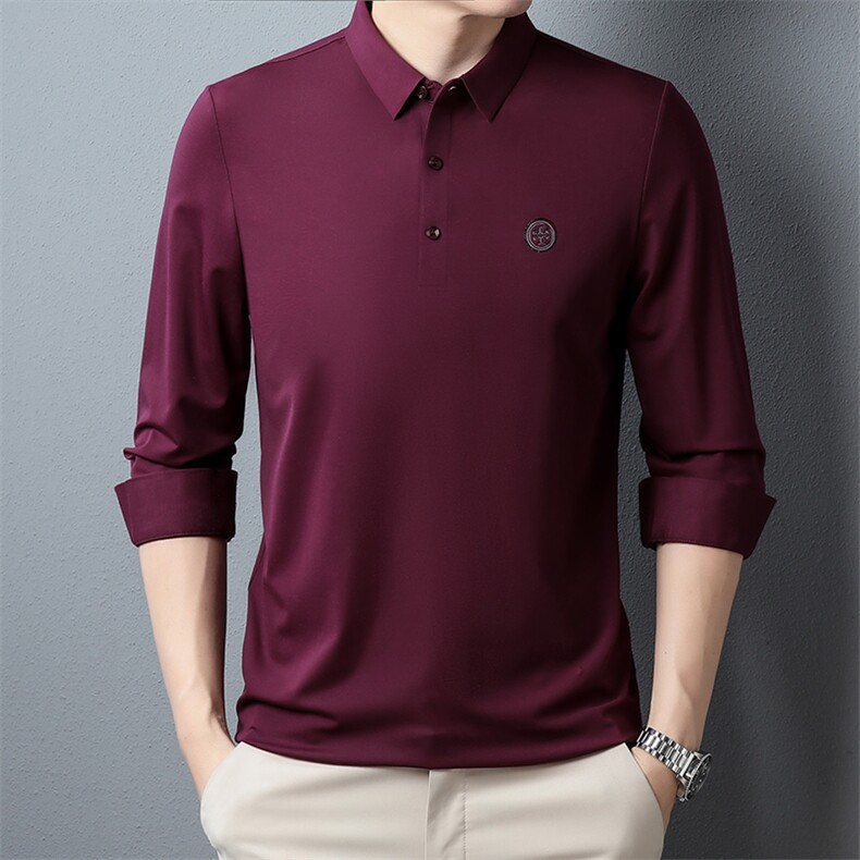 中年爸爸装商务翻领上衣服休闲POLO衫新款2022长袖男t恤秋季轻奢,男装T恤,钱塘6003（原4033）