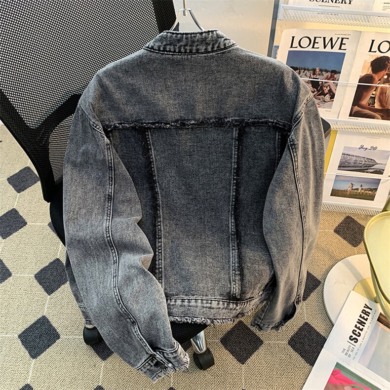 美式复古水洗牛仔外套男痞帅高级感短款牛仔夹克JK200-P80有垫肩图片