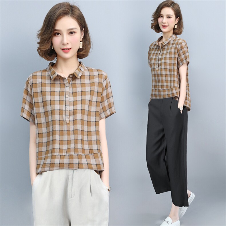 短袖衬衫女2021年新款POLO领中年妈妈50岁新疆棉宽松洋气格子上衣,女装套装/套裙,璐依舞