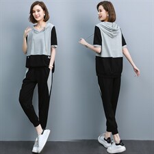 时尚运动套装女2025年夏季新款女装韩版宽松休闲八分阔腿裤两件套，女装套装/套裙，江忆布依