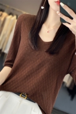 时尚女装V领华夫格针织衫显瘦百搭短袖毛衣优雅气质上衣，女装针织衫/毛衣，大美人高端店