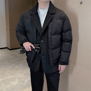 冬季高品质棉服男设计感毛呢拼接西装领假两件保暖棉服M125-P170图片