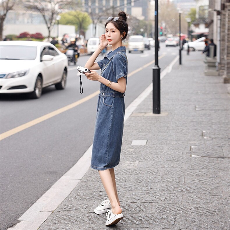 时尚显瘦牛仔连衣裙夏季新款气质淑女风百搭修身短袖裙装,女装连衣裙,秋水欣儿