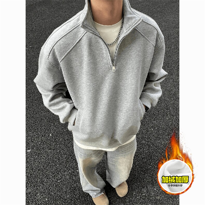 480G重磅加绒硬挺boxy男女秋冬美式高街结构半拉链立领卫衣厚外套，女装短外套，电商A486