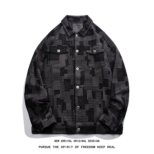 撞色格子拼接外套男春秋季高级感轻奢潮牌潮流宽松帅气设计感夹克图片