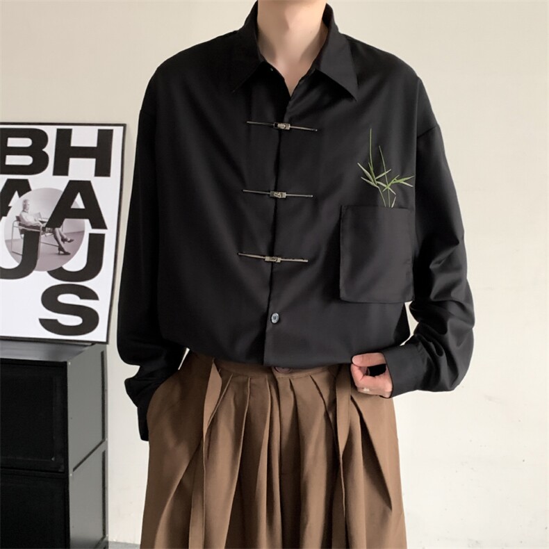春装2024明星同款新风新中式翠竹刺绣金属飞机扣慵懒风衬衣,男装衬衫,星座909