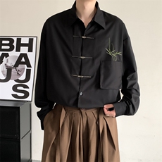 春装2024明星同款新风新中式翠竹刺绣金属飞机扣慵懒风衬衣，男装衬衫，星座909