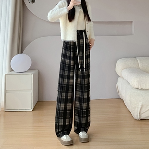 撞色呢子加绒格子西装裤女秋冬拖地直筒裤高腰垂感毛呢阔腿裤子图片