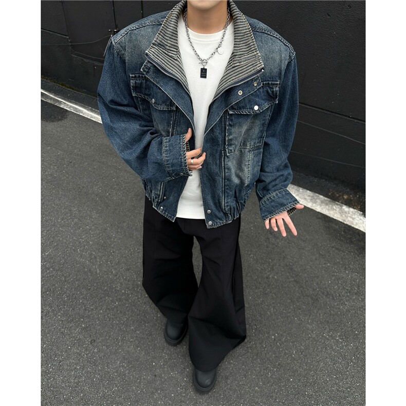 秋季美式复古水洗做旧工设计感假两件重磅高级感牛仔外套男女夹克,男装工装外套,四季星座505