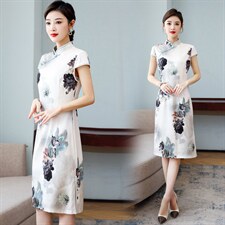 2023春夏季新款设计简约优雅大方中长款专柜品质真丝旗袍连衣裙，女装连衣裙，小荷流