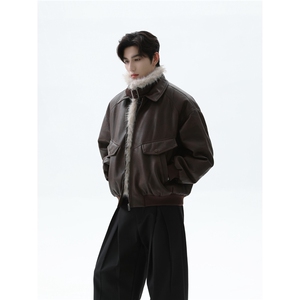 1506-1/MQYRJ-M50341/P116美式复古座领皮面棉服加厚保暖短款皮毛图片