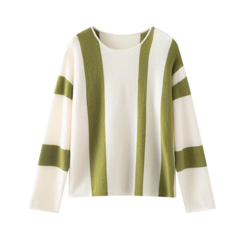 2025秋冬百搭时尚简约圆领拼色长袖针织衫，女装针织衫/毛衣，木淼羊绒