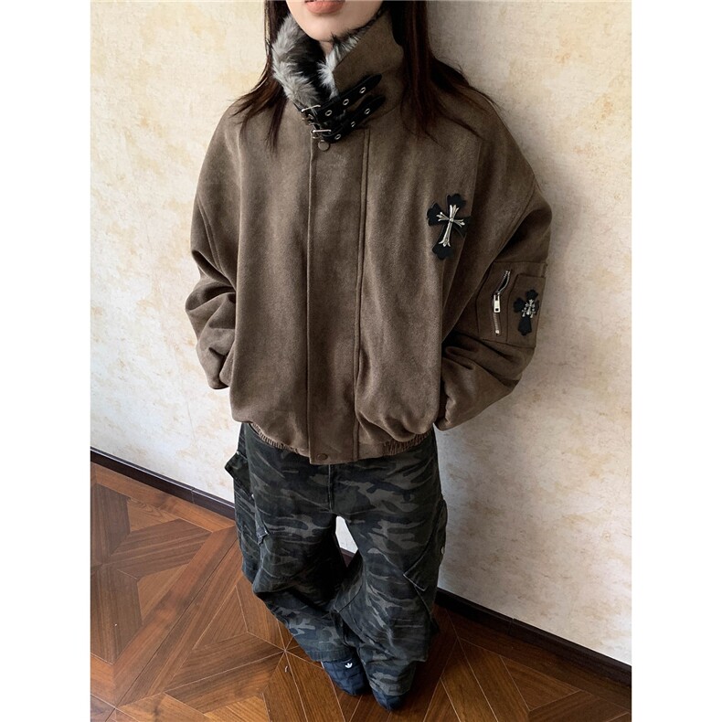 十字架麂皮绒美式复古毛领棉服秋冬飞行加厚宽松外套-MY503-网图，男装棉衣，星座1002-2