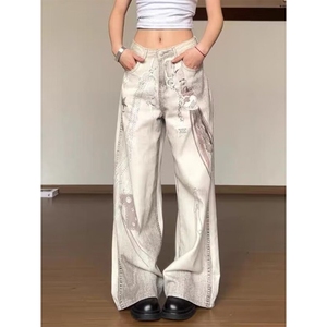 潮流重工链条印花牛仔裤女夏季美式设计感手绘直筒拖地裤子新款图片
