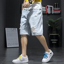 2021夏新日系大码男新灰墙潮流破洞刮烂乞丐裤牛仔短裤ND8129-P40，男装牛仔裤，电商A001