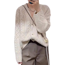 加厚绞花100%纯羊毛开衫女宽松慵懒风V领羊绒毛衣外套针织打底衫，女装羊毛衫，恩泰羊绒